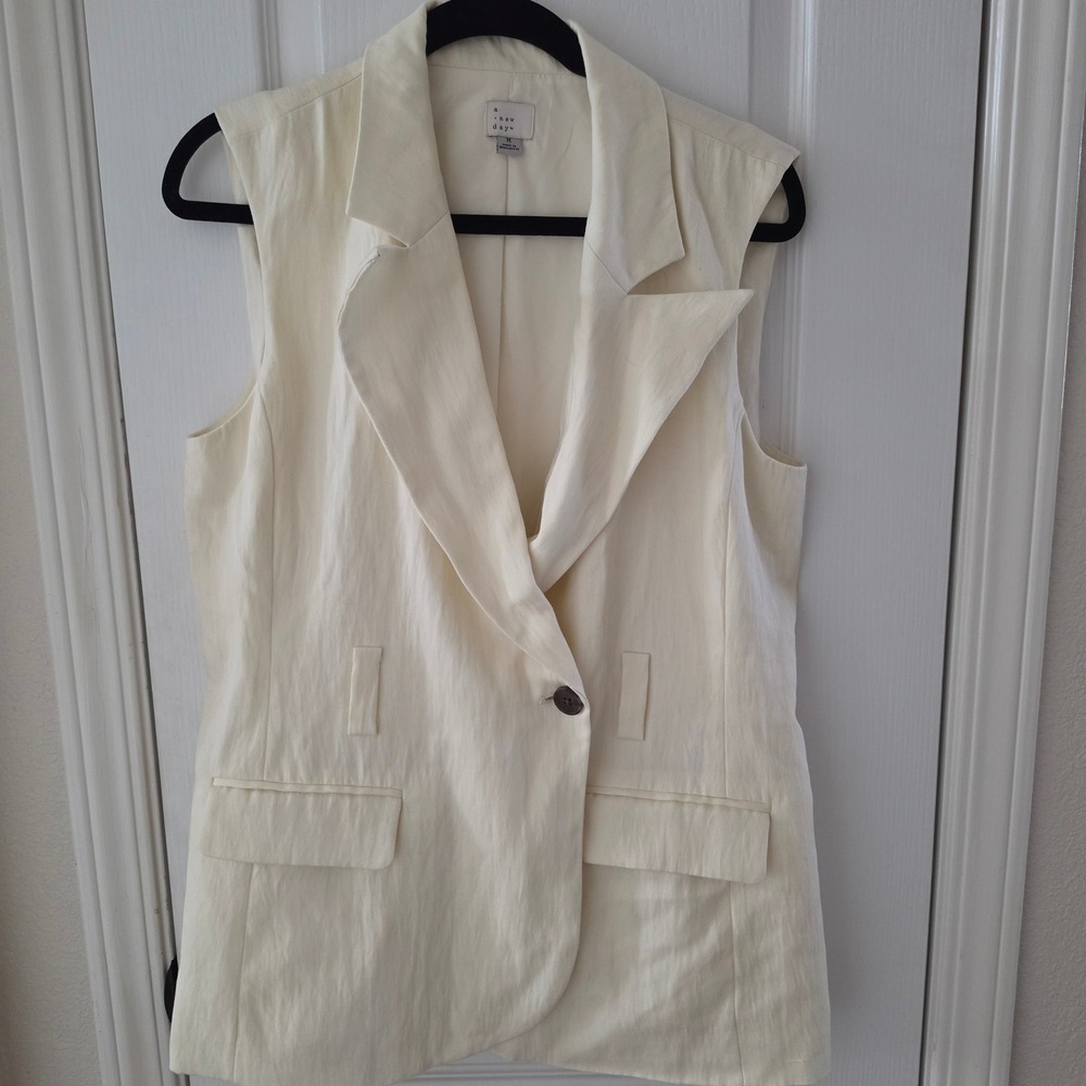 A New Day Cream Sleeveless Blazer Vest Notched Lapel Ivory Size M